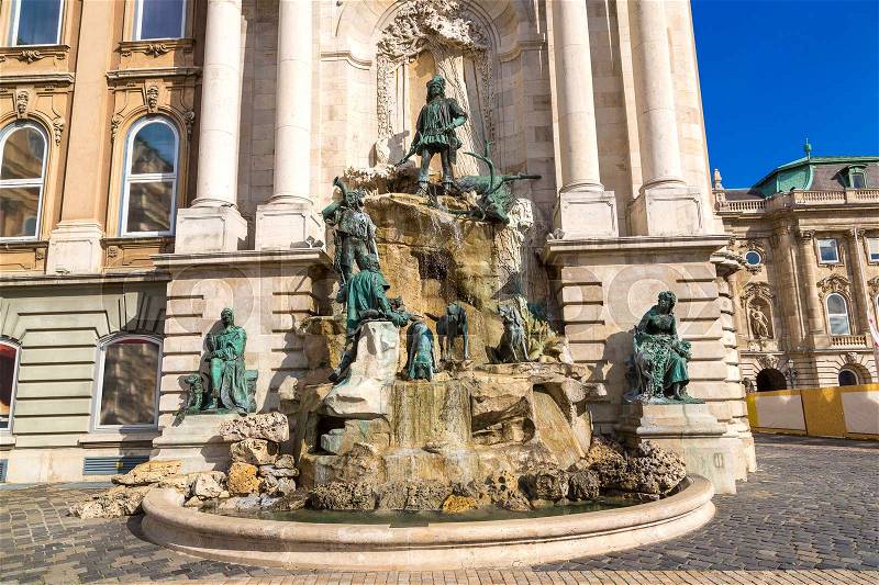 Matthias Fountain at Royal Castle in Budapest in Hungary in a beautiful summer day, stock photo