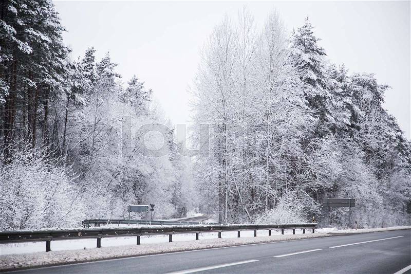 A beautiful winter landscape in nordic Europe, in gray, overcast day, stock photo
