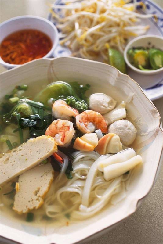 Prawn noodles sup with dumpling, stock photo