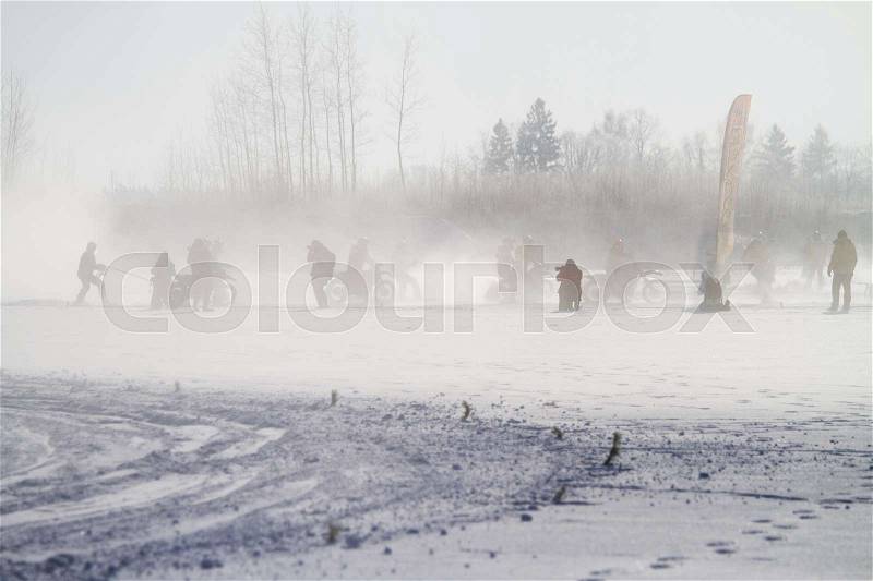Ski-joring people on a frozen lake, stock photo