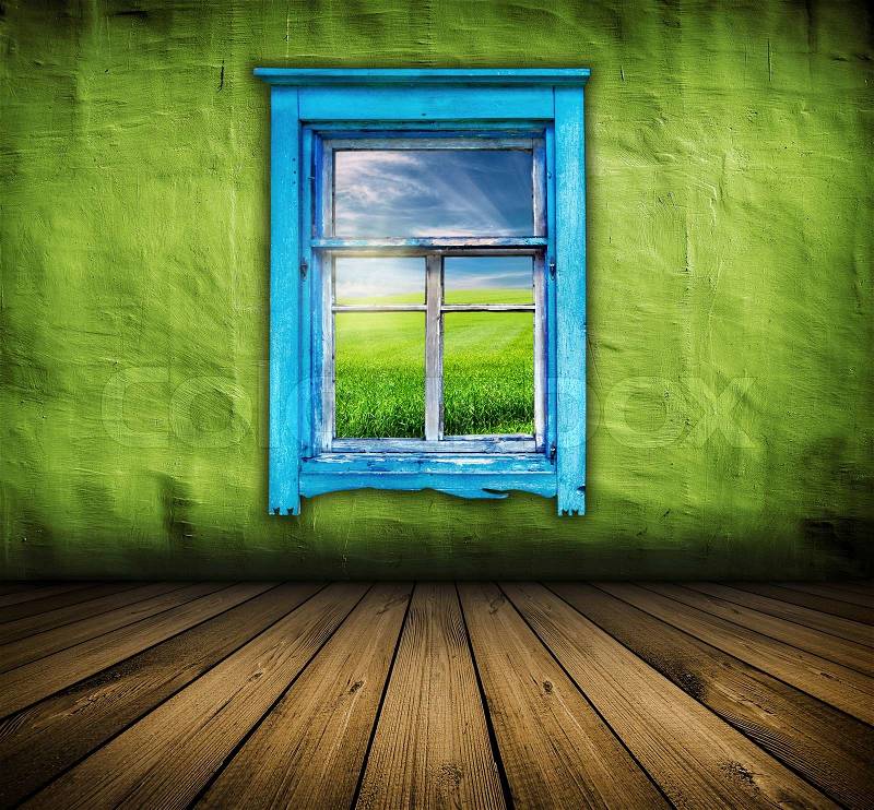 Dark vintage green room with wooden floor and window with field and sky above it, stock photo