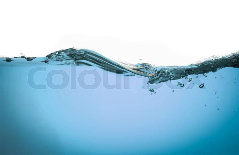 Blue water wave and bubbles isolated on white background, stock photo
