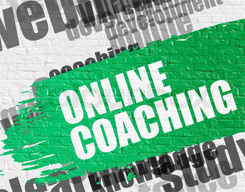Education Service Concept: Online Coaching on Green Distressed Brush Stroke. Online Coaching on the White Brick Wall Background with Word Cloud Around It. , stock photo