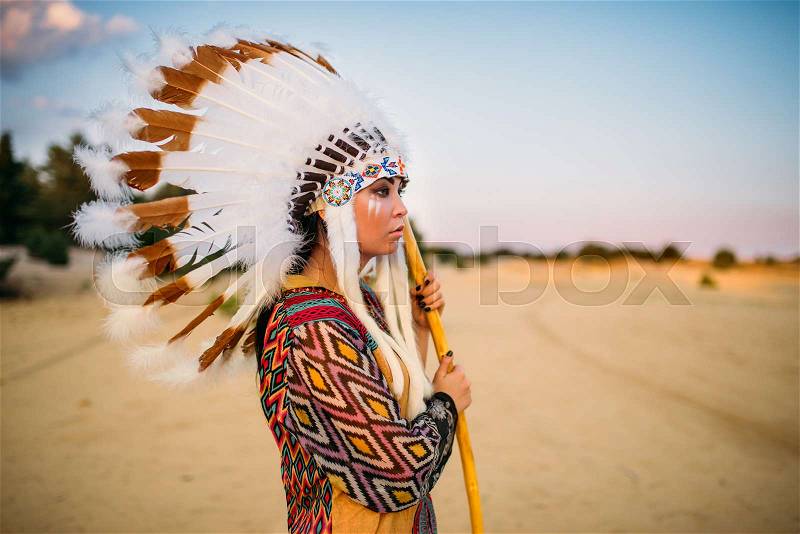 Young American Indian woman in traditional costume and headdress made of feathers of wild birds, stock photo