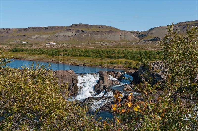 Waterfall Glanni in Nordura River in Borgarfjordur in Iceland, stock photo