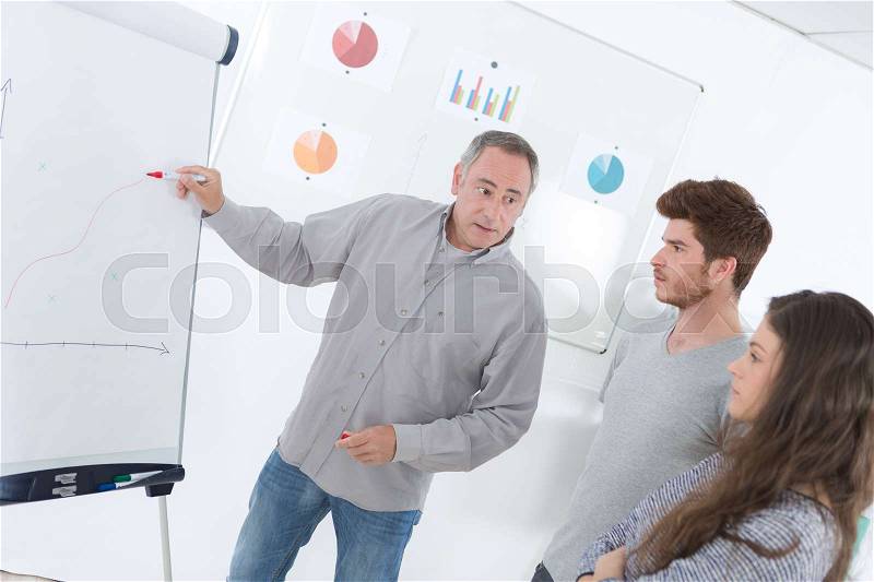 Teacher showing students something on blank white board, stock photo