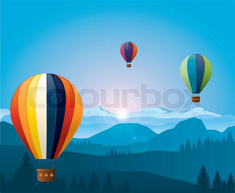 Colorful hot air baloons flying over mountains. Vector illustration. Eps 10, vector