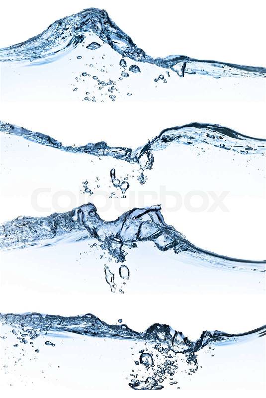 Set of splashing water with bubbles on white background, stock photo