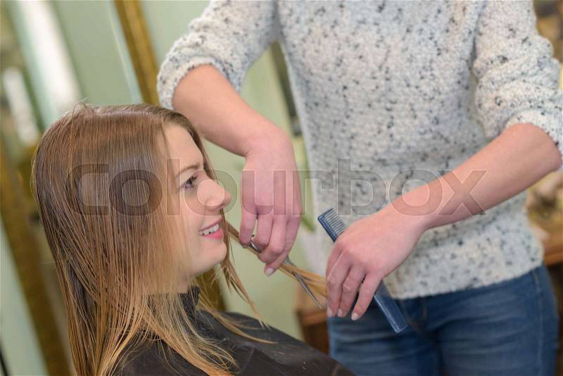 Hairdresser cut hair of a woman, stock photo