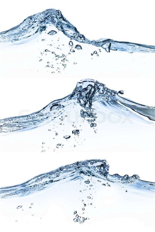 Set of splashing water with bubbles on white background, stock photo