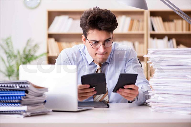 Funny accountant bookkeeper working in the office, stock photo
