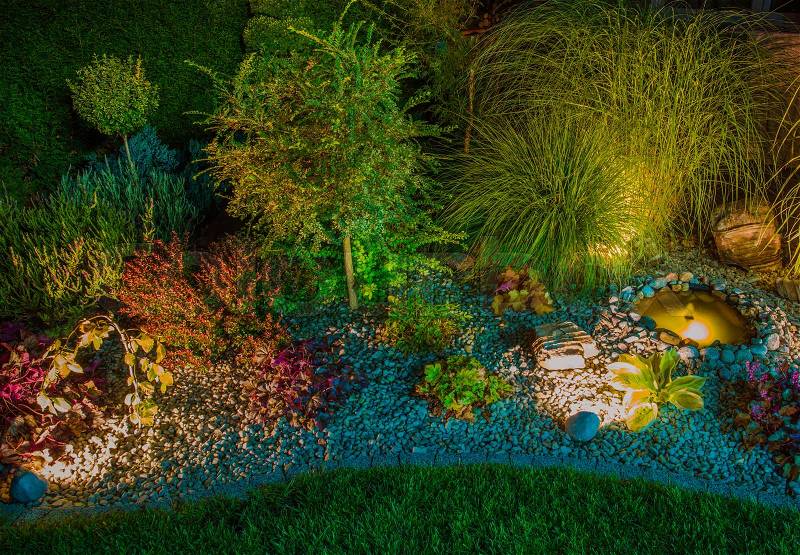 Rocky Garden with Lighting. Illuminated Garden Closeup Photo, stock photo