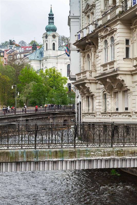 Walking bridge over Tepla river in Karlovy Vary town, Czech Republic, stock photo