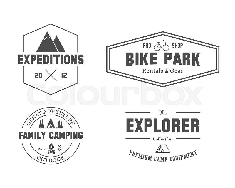 Set of outdoor explorer, family camp badge, logo and label templates. Travel, hiking, biking style. Outdoor. Best for adventure sites, travel magazine etc. Isolated on white background. Vector, vector
