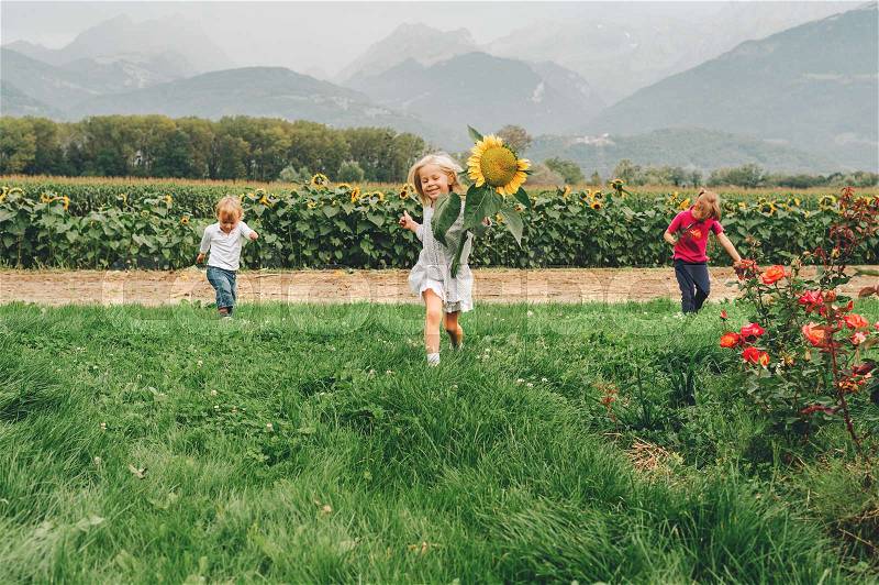 Group of 3 funny kids playing together in flower fields, vacation in countryside with children. Happy active childhood. Family enjoying nature in summer, stock photo