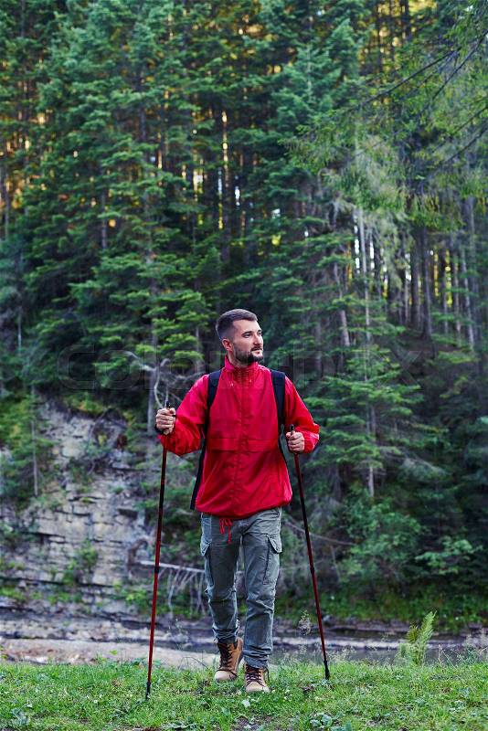 Close-up of determined man with poles hiking in mountains , stock photo