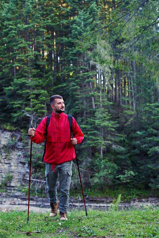 Low angle of bearded man in hiking outfit with poles in mountains , stock photo