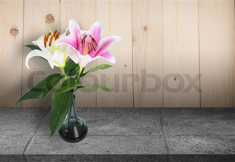 Flower White lilies texture of wooden boards floor, stock photo