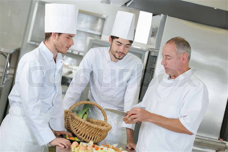 Crew of positive professional cooks working at restaurant kitchen, stock photo