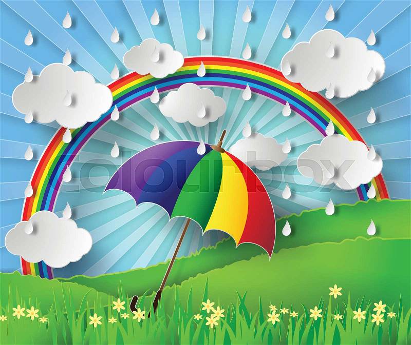 Colorful umbrella in the rain with rainbow, vector