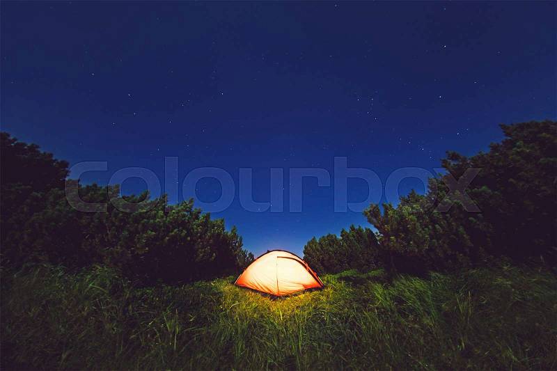 Camping under star sky in mountains, Chernogorsky Range of Ukraine, stock photo