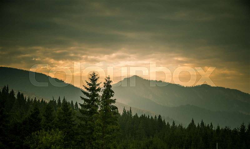 A beautiful, colorful, abstract mountain landscape with a hot summer haze in warm green tonality. Decorative, artistic look, stock photo