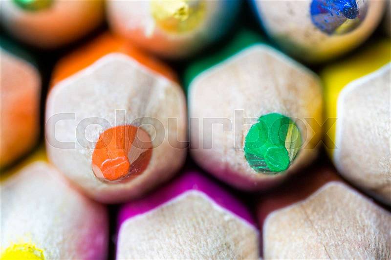 Sharps of sharpened colored pencils, macro, stock photo