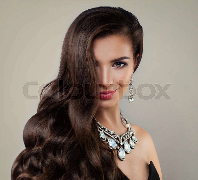 Beautiful Lady with Diamond Jewelry and Long Hair. Beautiful Woman Fashion Model, Portrait, stock photo