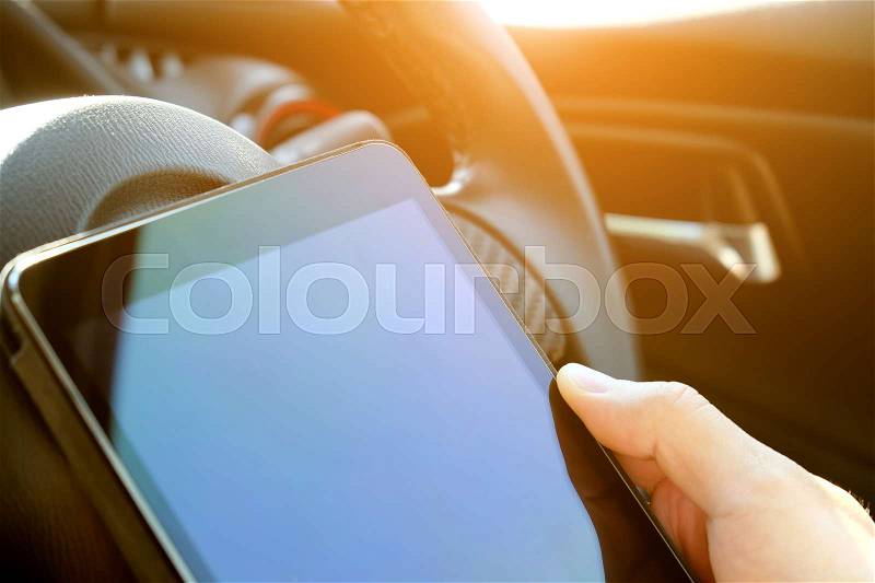Digital tablet, close up of hand typing on digital table, stock photo