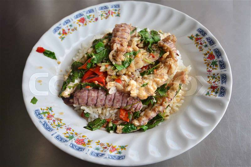 Fried Mantis shrimp with garlic, chilli & Basil leaves, Thai food style, stock photo