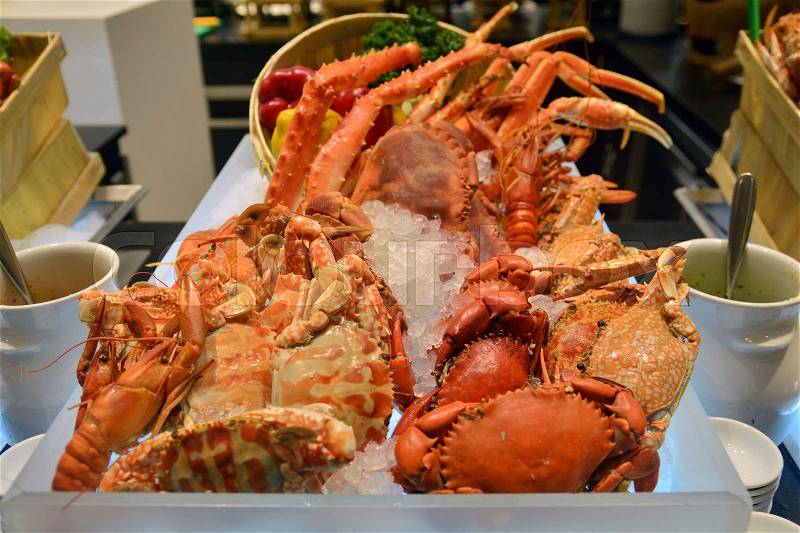 Steamed crab on ice, Hotel Buffet line, stock photo