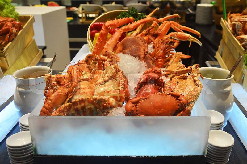 Crab on ice in buffet line, stock photo