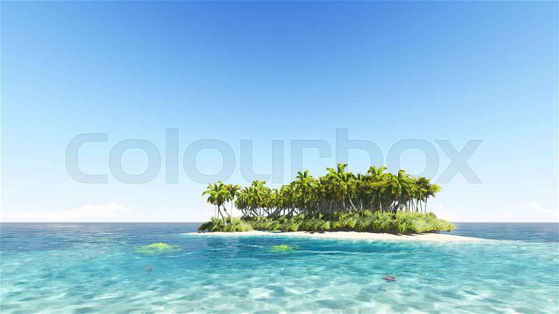 Tropical island with a clear blue sky 3D render, stock photo