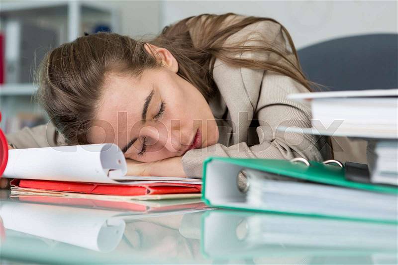 Businesswoman sleeping office worker break digital device concept, stock photo