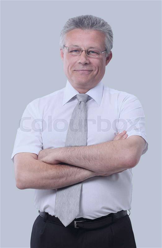 Mature business man arms folded isolated on white, stock photo