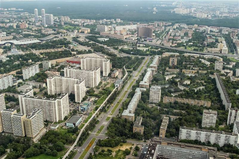 Moscow Monorail, Museum of cosmonautics, houses. View from the Ostankino television tower, bird\'s eye view, stock photo