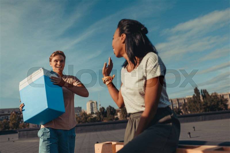 Happy woman and man with portable fridge on roof, stock photo