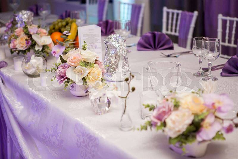 Beautiful Flower bouquet arrangement in the reception of the celebration hall, stock photo