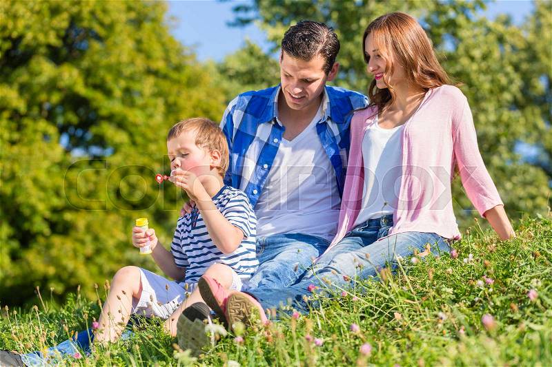 Family sitting on meadow playing with soap bubbles in summer, stock photo