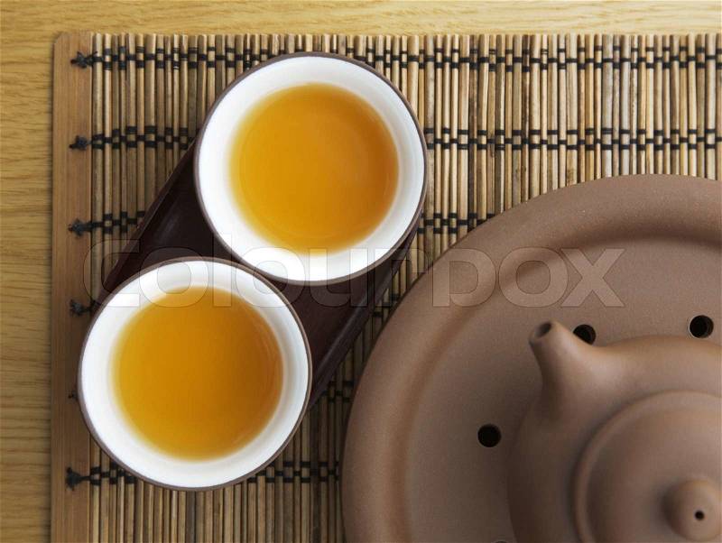 Asian tea set on bamboo mat,Closeup, stock photo