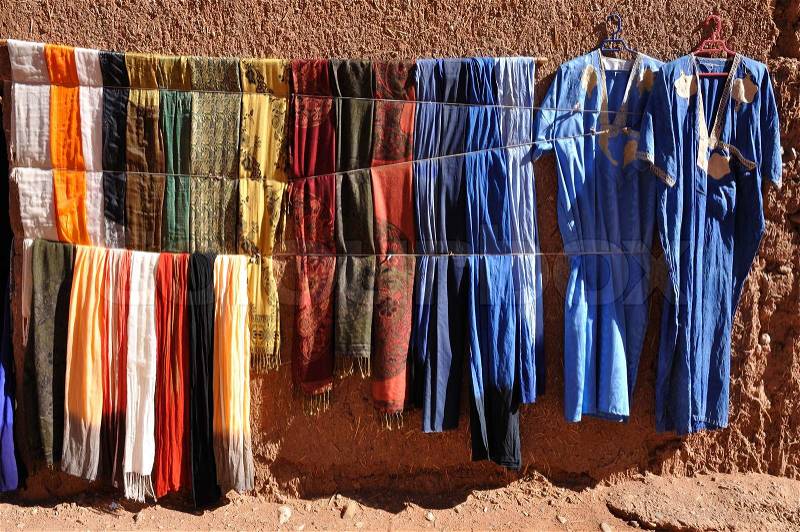 Colorful clothes for sale in Morocco Africa, stock photo