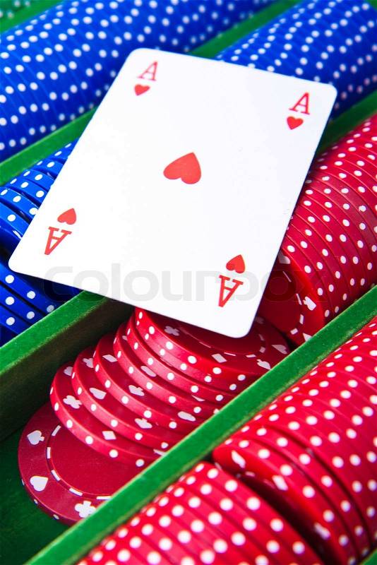 Colorful poker chips with ace card, stock photo