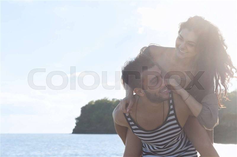Couple Beach Summer Vacation, Man Carry Woman Beautiful Young Happy Man And Woman Smile Sea Ocean Holiday Travel, stock photo