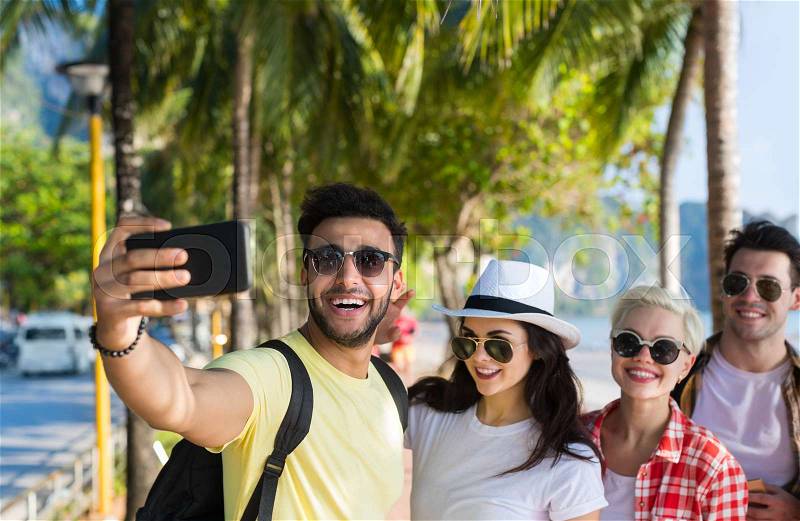 Young People Group On Beach Taking Selfie Photo On Cell Smart Phone Summer Vacation, Happy Smiling Friends Sea Holiday Ocean Travel, stock photo