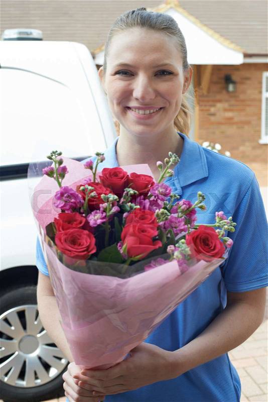 Portrait Of Florist With Van Making Home Delivery Of Bouquet , stock photo