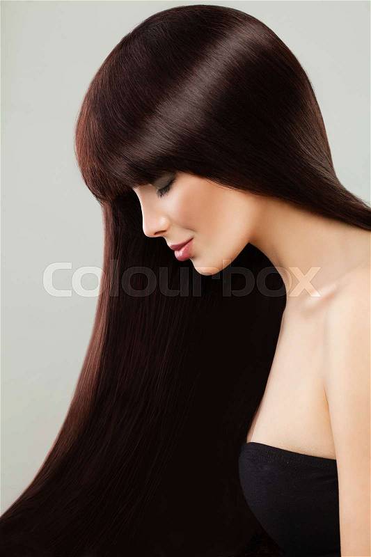 Beauty Salon on Barber Shop Background with Brunette Woman. Perfect Long Hair and Makeup, stock photo