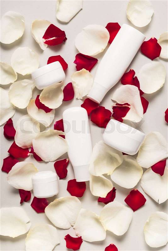 Body lotion and cream on white and red rose petals, isolated on grey, stock photo