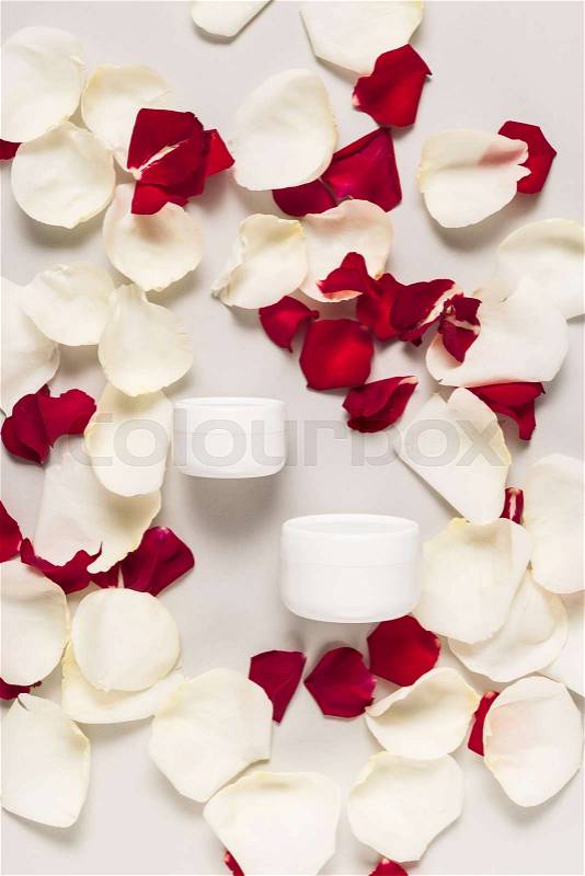 Organic cream in plastic containers on white and red rose petals, isolated on grey, stock photo