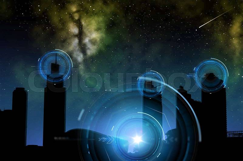 Space and future technology concept - futuristic city skyscrapers over night sky background and holograms, stock photo