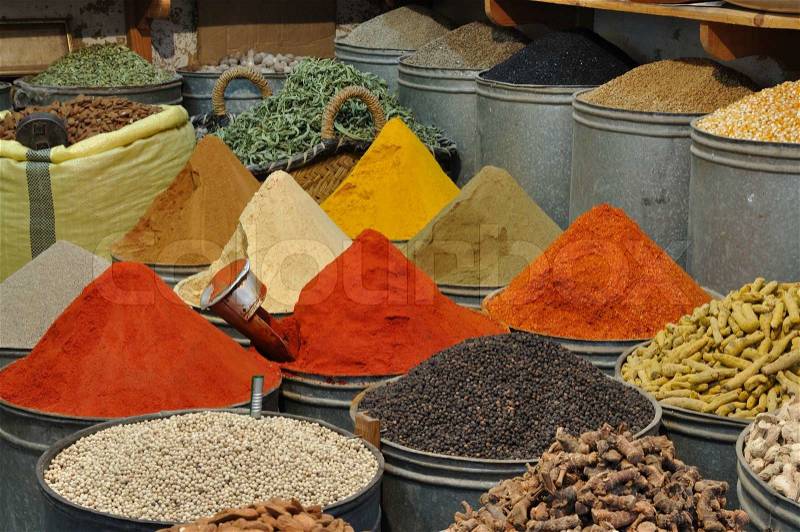Spices shop in the medina of Fes, Morocco, stock photo